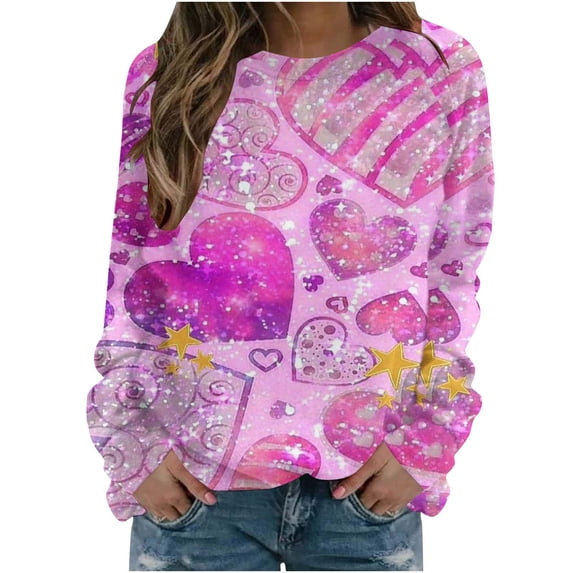 Valentine's Day Long Sleeve Shirts for Women Trendy Sequin Heart Print Crew Neck Casual Sweatshirts Casual Tunic Tops(Pink,M)