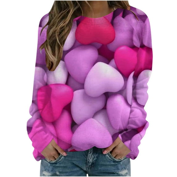Valentine's Day Long Sleeve Shirts for Women Trendy Sequin Heart Print Crew Neck Casual Sweatshirts Casual Tunic Tops(Pink,S)