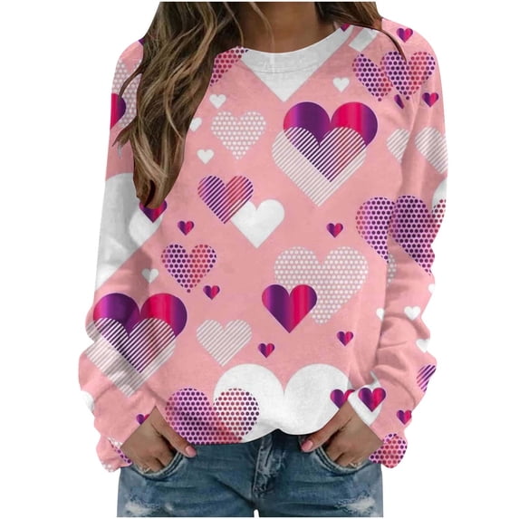 Valentine's Day Long Sleeve Shirts for Women Trendy Sequin Heart Print Crew Neck Casual Sweatshirts Casual Tunic Tops(Pink,S)