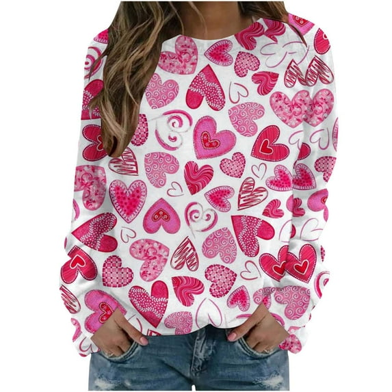 Valentine's Day Long Sleeve Shirts for Women Trendy Sequin Heart Print Crew Neck Casual Sweatshirts Casual Tunic Tops(Pink,XL)