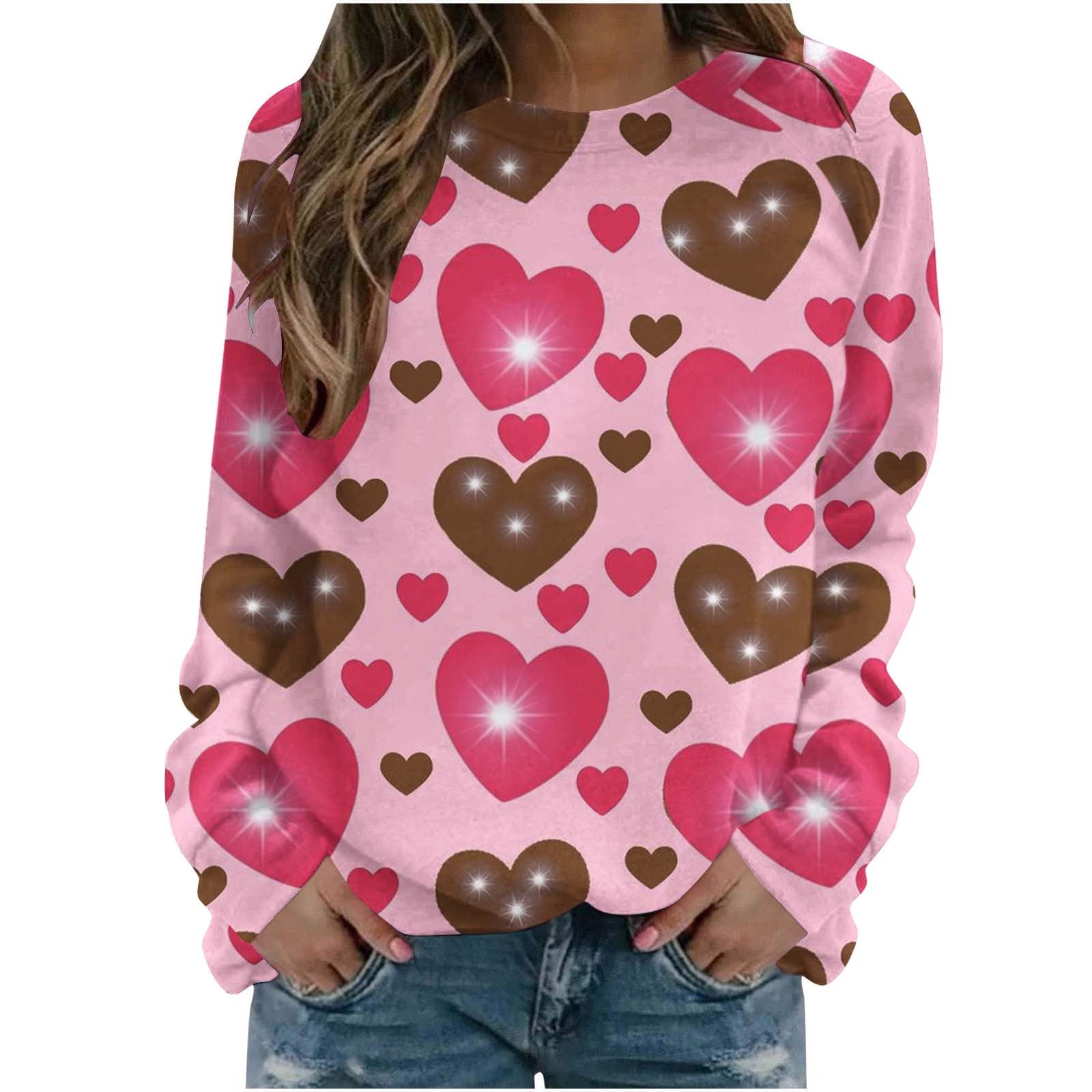 Valentine's Day Long Sleeve Shirts for Women Trendy Sequin Heart Print Crew  Neck Casual Sweatshirts Casual Tunic Tops(Pink,XXL) 