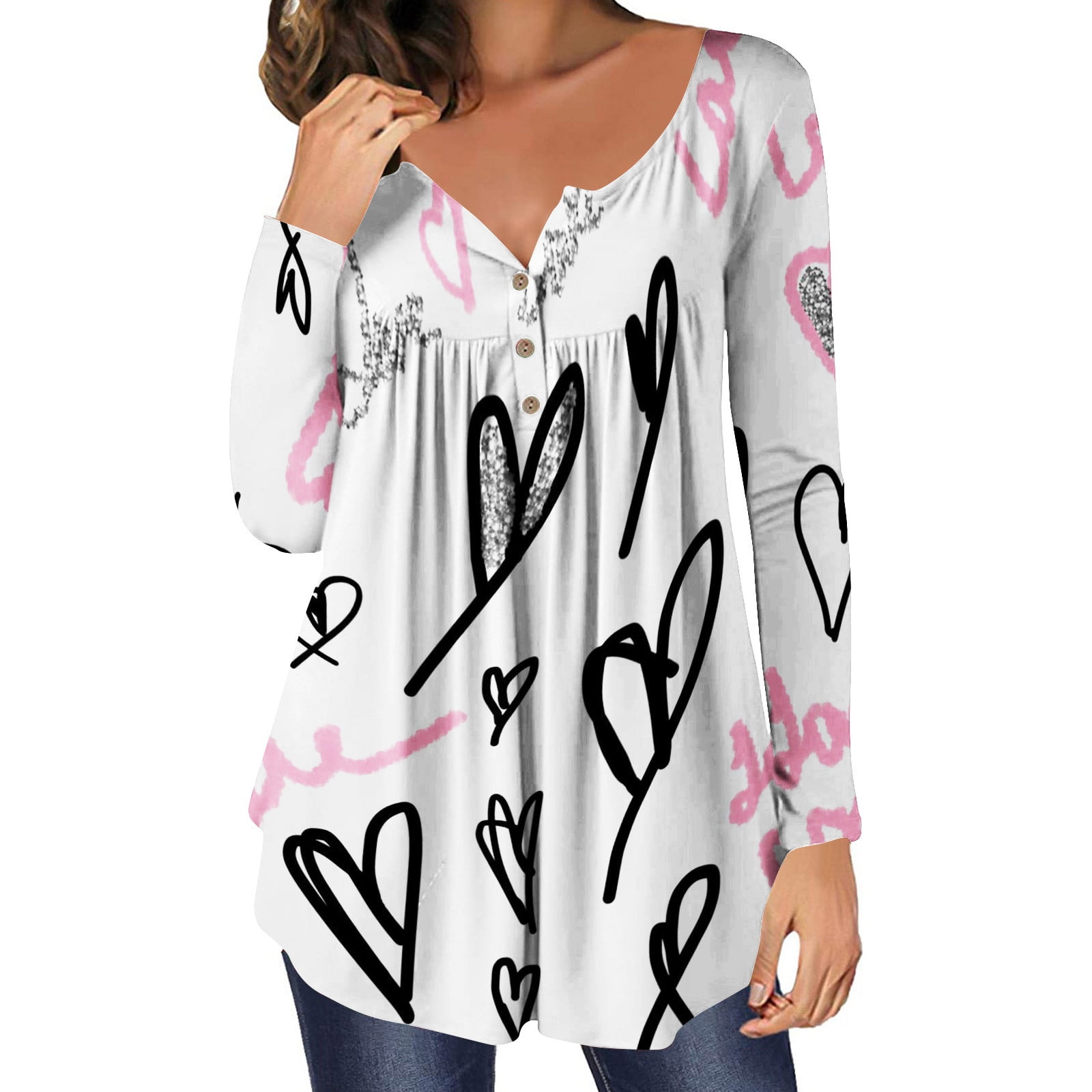Valentine's Day Long Tunics for Women To Wear With Leggings Fashion Heart  Print Long Sleeve Henley Shirts Blouse