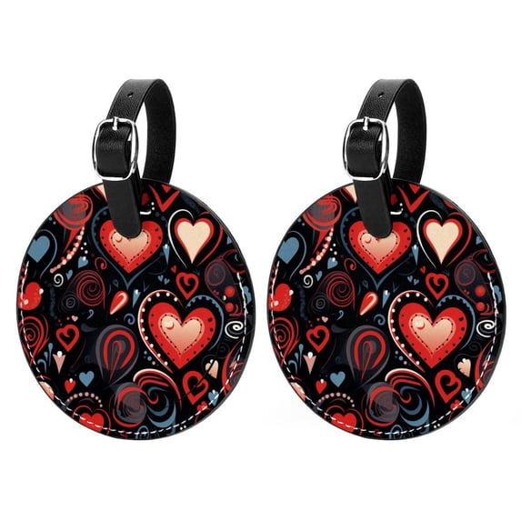 Valentine's Day Love 2Pcs PU Leather Round Luggage Tags with Privacy Cover and Name ID Tag for Suitcase, Handbags, Backpacks, School Bags