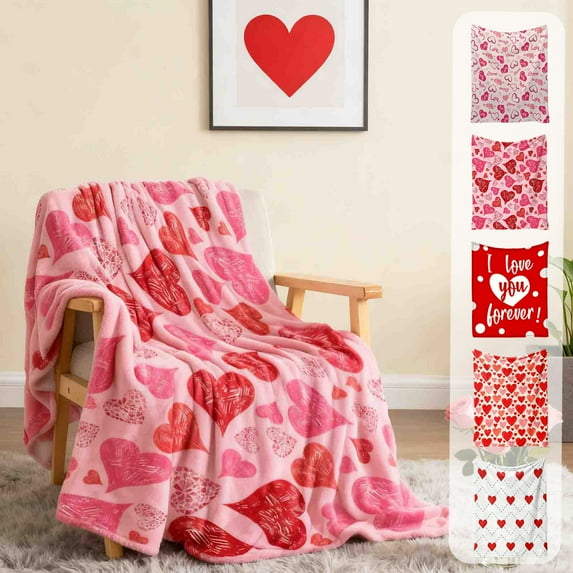 Valentine’s Day Love Blanket Romantic Pink Hearts Throw Blanket 51.18x39.37inch Soft Warm and Cozy Flannel Blanket Gift for Wife Couple Holiday Theme Decorative for Bedding Couch Sofa Bed