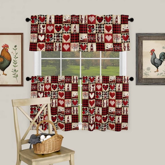 Valentine's Day Love Dwarf Red Buffalo Plaid Curtain Tier and Valance Set 3 Piece, Tree Farm Truck 3-inch Rod Pocket Window Tier Curtains Valance for Kitchen Living Room