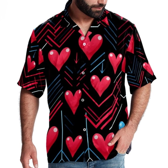 Valentine's Day Love ECG Men's Button Down Spread Collar Casual Printed Short Sleeve Summer Beach Unisex Shirts
