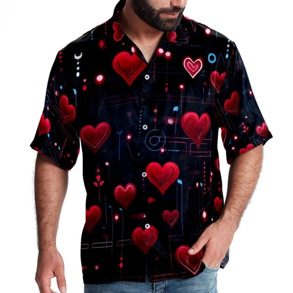 Valentine's Day Love ECG Men's Casual Hawaiian Shirts, Printed Button Down Short Sleeve Summer Beach Tops with Spread Collar - Unisex