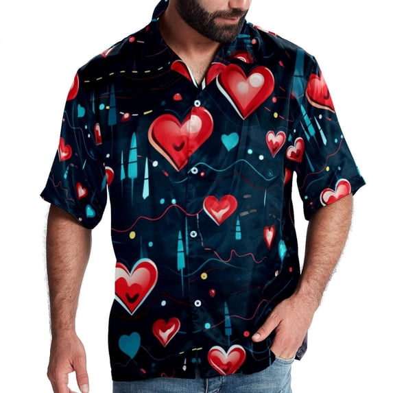 Valentine's Day Love ECG Men's Casual Short Sleeve Printed Button Down Spread Collar Tops Summer Beach Shirts Unisex