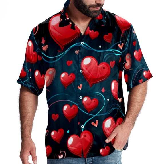 Valentine's Day Love ECG Men's Hawaiian Shirt, Button Down Poplin Short Sleeve Casual Summer Beach Printed Unisex Shirts