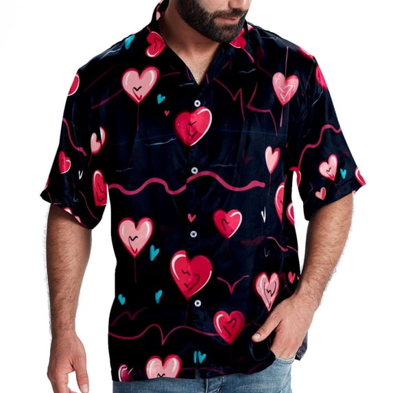 Valentine's Day Love ECG Men's Printed Button Down Short Sleeve Casual Summer Beach Shirt - Unisex
