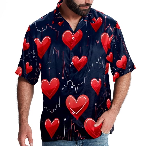 Valentine's Day Love ECG Men's Short Sleeve Button Down Casual Poplin Shirts for Summer Beach, Printed Design - Unisex