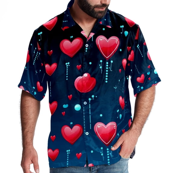 Valentine's Day Love ECG Men's Short Sleeve Casual Printed Button Down Beach Shirt - Summer Hawaiian Top