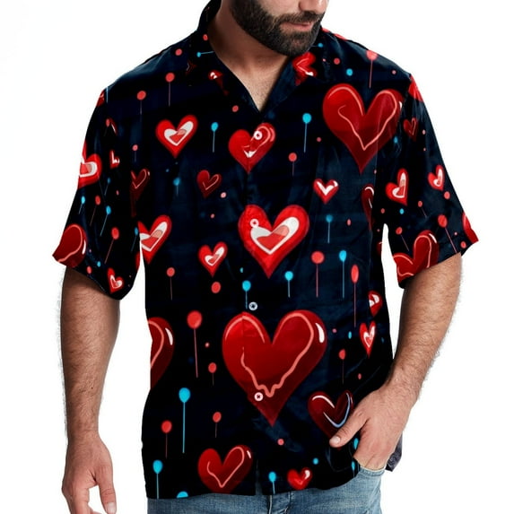 Valentine's Day Love ECG Men's Spread Collar Poplin Beach Shirts - Casual Printed Button Down Short Sleeve Summer Tops for Unisex