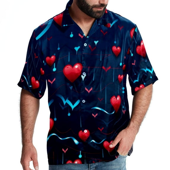 Valentine's Day Love ECG Men's Spread Collar Tops, Casual Button Down Shirts for Summer Beach, Printed Short Sleeve Shirts - Unisex