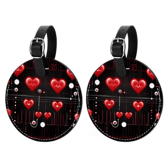 Valentine's Day Love ECG Set of 2pcs PU Leather Round Suitcase Tags with Privacy Cover and Name ID Tag - Ideal for Travel Luggage, Handbags, Backpacks, School Bags