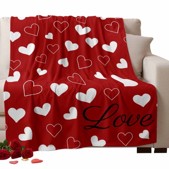 Valentine's Day Love Fleece Throw Blanket Lightweight White Heart Red Background Abstract Fuzzy Flannel Throws Super Soft Cozy Flannel Blanket for Couch, Sofa, Bed, Travel 50"x80"