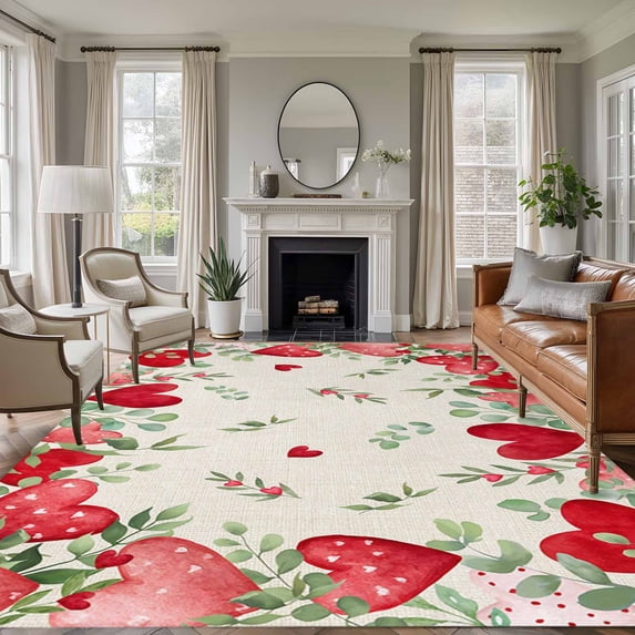 Valentine's Day Love Heart Area Rugs 8'x10', Washable Small Throw Rugs for Living Room Patio, Rustic Eucalyptus Love Heart Indoor Outdoor Rug Non-Slip Low Pile Carpet Runner Reversible Floor Mats