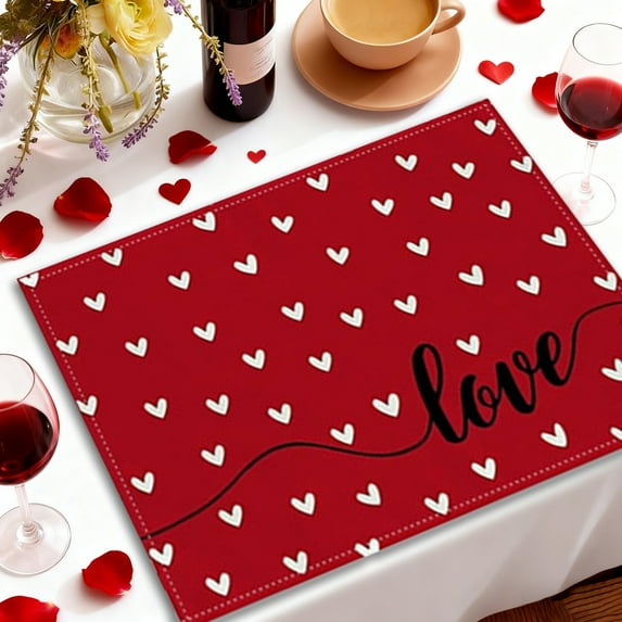 Valentine's Day Love Heart Placemat Reusable Easy to Clean Romantic Table Mat for Wedding Valentines Birthday Mother's Day Father's Day Party Decoration, 17.72x11.81 Inches