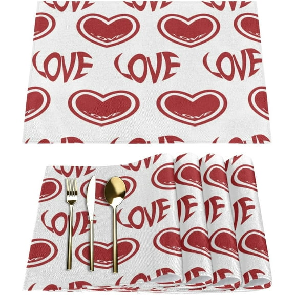 Valentine''s Day Love Heart Placemats Set of 6 Fabric Placemats Square Placemat for Kitchen Table Heat Resistant, Easy to Clean Table Placemats 12x18 Inch