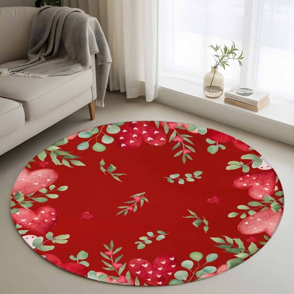Valentine's Day Love Heart Round Area Rug 3.3Ft Washable Circle Rugs for Dining Room Table, Eucalyptus Red Love Heart Non-Slip Carpet Floor Mats Indoor Outdoor Carpet Runner Aesthetic Home Decor