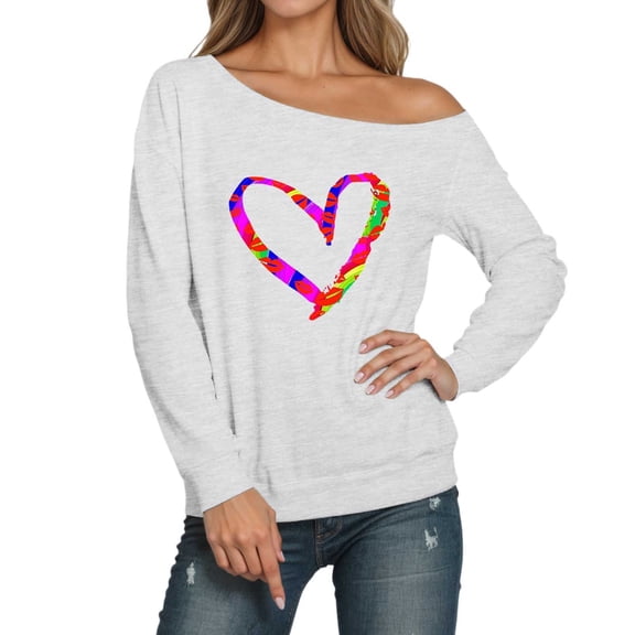 Valentine's Day Love Heart Shirt Women's Sweatshirt Fashion Long Sleeve Off Shoulder Slouchy Casual Crewneck Tunic With Print Lightweight Clothes