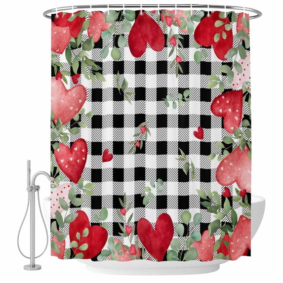 Valentine's Day Love Heart Shower Curtain Set - 48" x 72" Washable Bathtub Curtain with 12 Hooks, Eucalyptus Black Plaid Love Heart Waterproof Fabric Stall Shower Curtains for Bathroom/Bathtub Décor