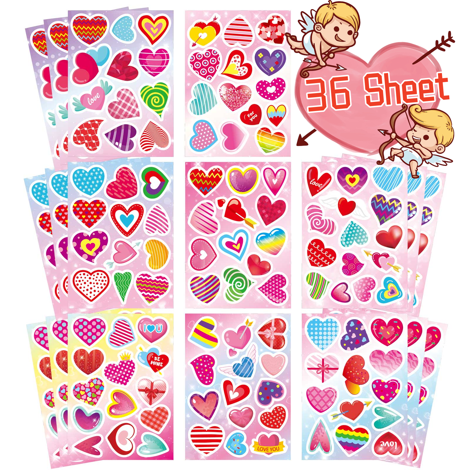 Valentine's Day Love Heart Stickers 32 Sheet Heart Stickers for Kids Heart Shape Self Adhesive Stickers Craft Scrapbook Envelopes Decorative for Anniversaries Wedding Party Favors