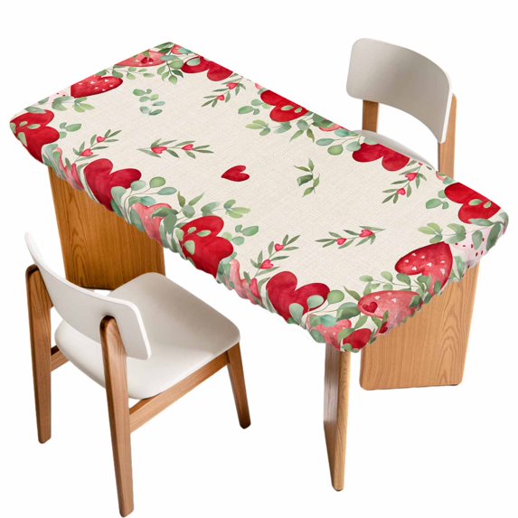Valentine's Day Love Heart Table Cloths for 4 Foot Rectangle Tables, Rustic Eucalyptus Love Heart Patio Waterproof Elastic Fitted Tablecloths, Washable Rectangular Table Cover for Camping