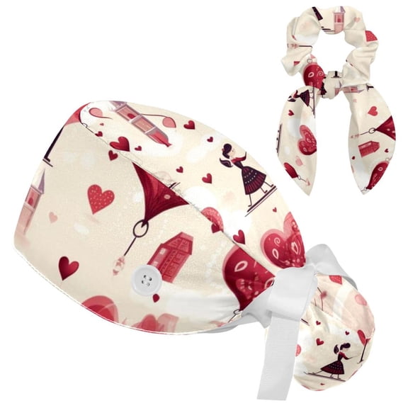 Valentine's Day Love Heart Working Cap with Buttons，Adjustable Surgical Scrub Cap with Bow Hair Scrunchy for Woman