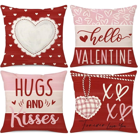 Valentine''s Day Love Hearts Red Striped Pillow Covers 20x20 Set of 4 Hugs and Kisses XOXO Valentine Throw Pillow Covers Holiday Cushion Case for Home Decoration