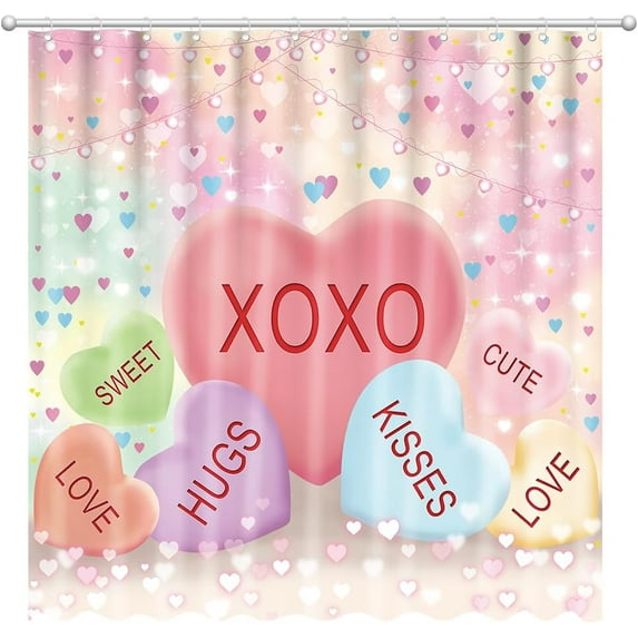 Valentine''s Day Love Hearts Shower Curtain 72" x 72" Conversation Hearts Home Bathroom Decorations Romantic Love Bathtub Curtain Set with 12 Hooks