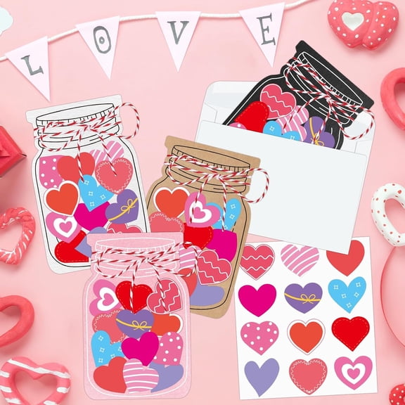 Valentine's Day Love Jar Craft Kit DIY Paper Heart in Jar Note Cards and Envelopes Hearts Stickers for Greeting Classroom Activity
