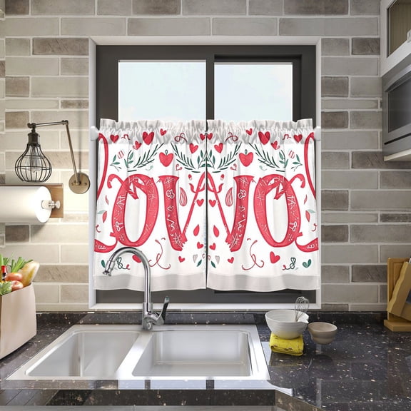 Valentine's Day Love Leaves Kitchen Curtains Half Tier Curtain 2 Rod Pockets Bathroom Bedroom Cupborad Living Room 27"x24"