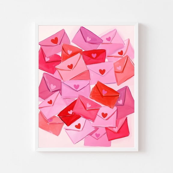 Valentine's Day Love Letters Pink Red Heart Envelope Art Print, Unframed Paper Print Size 8x12