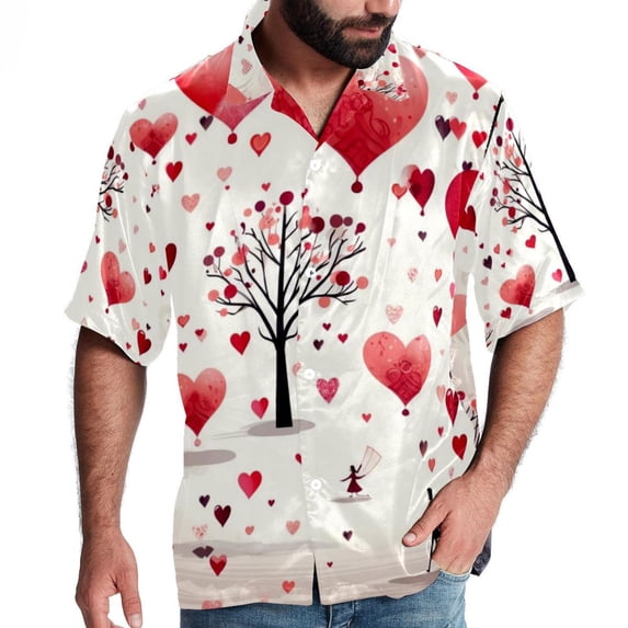 Valentine's Day Love Men's Button Down Hawaiian Poplin Shirt Summer Beach Printed Casual Short Sleeve Unisex Shirts