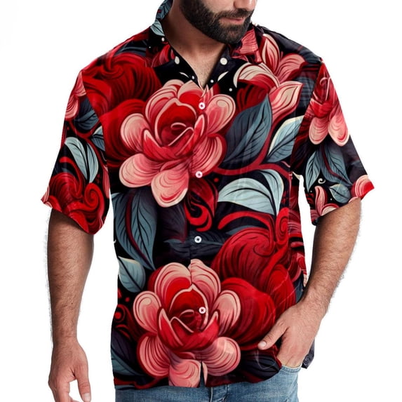 Valentine's Day Love Men's Casual Button Down Short Sleeve Hawaiian Printed Summer Beach Shirts