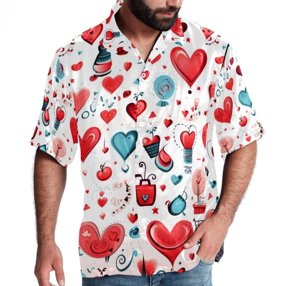 Valentine's Day Love Men's Hawaiian Short Sleeve Printed Button Down Poplin Casual Summer Beach Shirt, Unisex