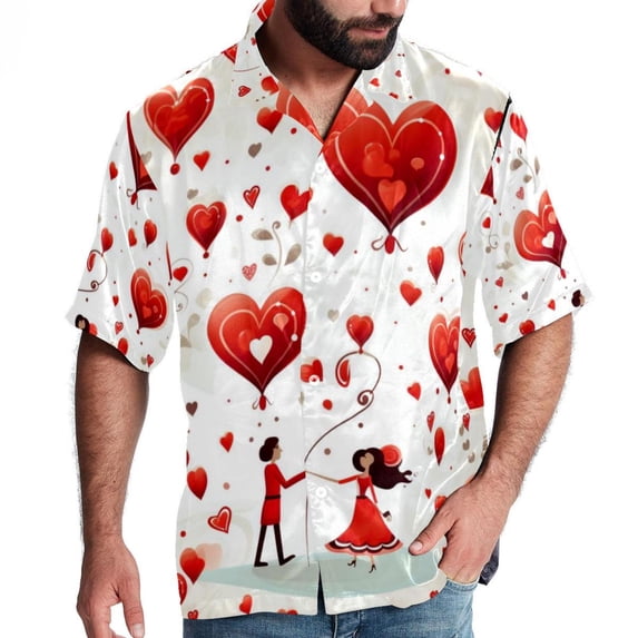 Valentine's Day Love Men's Short Sleeve Beach Shirts Button Down Poplin Casual Printed Summer Unisex