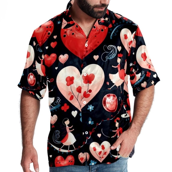 Valentine's Day Love Men's Short Sleeve Casual Printed Button Down Beach Shirt - Summer Hawaiian Top