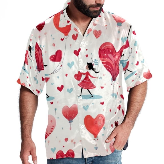 Valentine's Day Love Men's Short Sleeve Hawaiian Shirt, Casual Printed Button Down Beach Tops for Summer, Spread Collar Mens Shirts Unisex