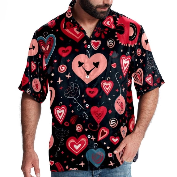 Valentine's Day Love Men's Short Sleeve Poplin Shirt, Casual Printed Button Down Top for Summer Beach, Spread Collar Unisex Beach Shirt