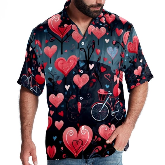 Valentine's Day Love Men's Short Sleeve Shirts, Casual, Printed, Button Down Short, Summer Beach Shirts, Unisex