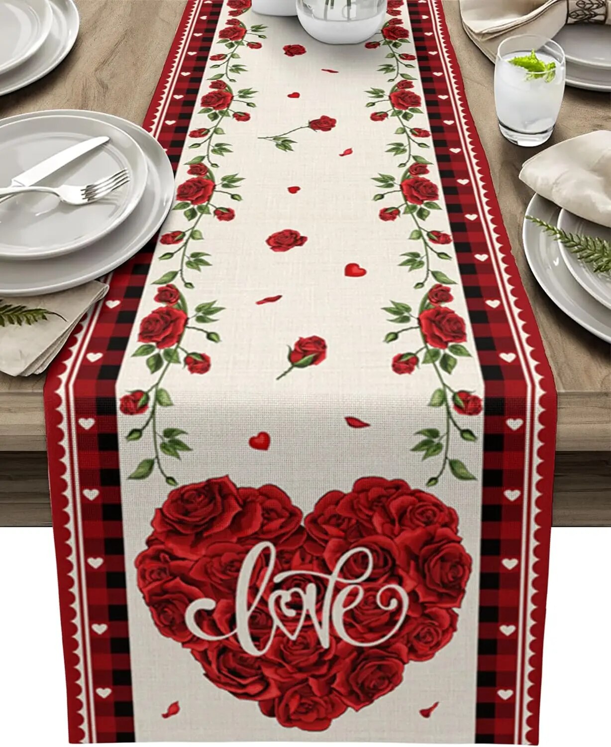 Valentine's Day Love Rose Buffalo Plaid Linen Table Runners Dresser ...