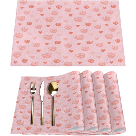 Valentine''s Day Love Rose Placemats Set of 6 Fabric Placemats Square Placemat for Kitchen Table Heat Resistant, Easy to Clean Table Placemats 12x18 Inch