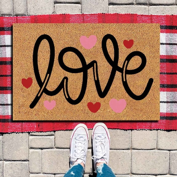 Valentine's Day Love Script Doormat, Pink Red Hearts Pattern, 24x16 Inch, Low Profile Indoor Entrance Rug, Romantic Farmhouse Front Door Mat, Wedding Anniversary Decor