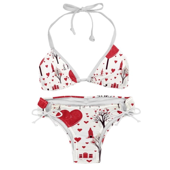Valentine's Day Love Swimsuit Women Bikini Set with Detachable Sponge and Adjustable Strap, Two-Pack, Beach Pool Vacation.