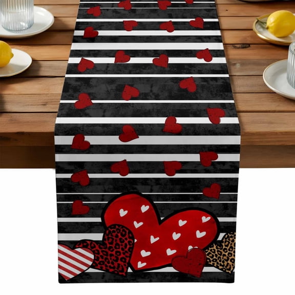Valentine's Day Love Table Runner, Red Heart Black Striped Leopard Print Washable Kitchen Table Runners Dress Scarves for Dining Table Decorations Party, 13x72in