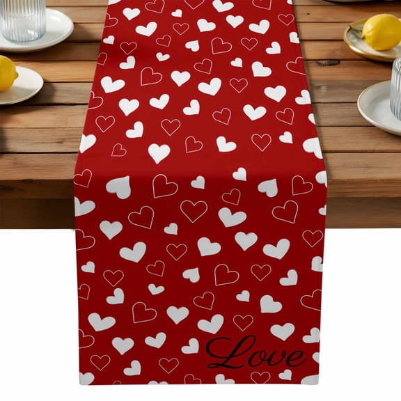 Valentine's Day Love Table Runner, White Heart Red Background Abstract Washable Kitchen Table Runners Dress Scarves for Dining Table Decorations Party, 13x36in