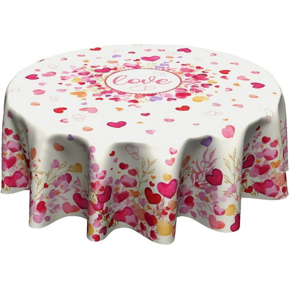 Valentine''s Day Love Tablecloth Round 60 Inch Pink Heart Table Cloth Washable Table Cover for Indoor Outdoor Holiday Picnic Dinner Decor