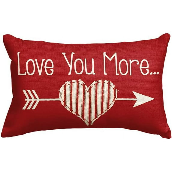 Valentine''s Day Love You More Arrow Love Heart Throw Pillow Cover, 12 x 20 Inch Red Cushion Case Decoration for Sofa Couch